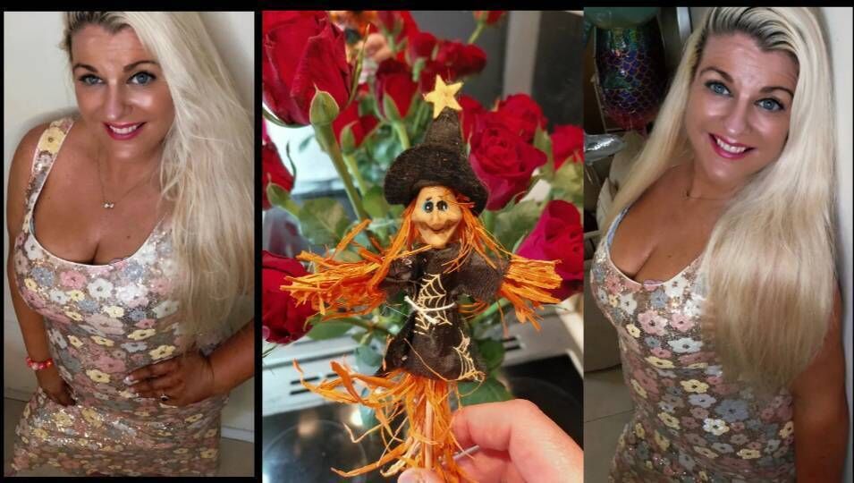 Emer O’Callaghan wearing a full length sequin dress from Canella Lane, Cork, and (centre) a Halloween witch decoration in her clinic. Make-up is Master Colors Paris from Emerald Beauty Clinic, 021 4365949. Appointments only, postage options available.
