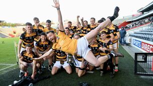 <p>Goalkeeper Frankie Condon dives into action to join the photo of the Canovee team celebrating. Picture: Larry Cummins</p> <p>Goalkeeper Frankie Condon dives into action to join the photo of the Canovee team celebrating. Picture: Larry Cummins</p>