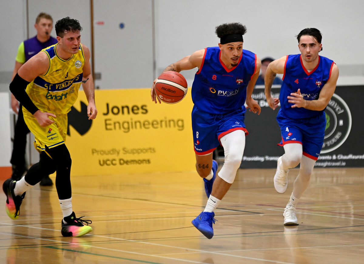 UCC Demons' James Beckom burts awy from St. Vincent's Scott Stone during the Domino's Men's Super League at The Mardyke Arena. Picture: Eddie O'Hare UCC Demons' James Beckom burts awy from St. Vincent's Scott Stone during the Domino's Men's Super League at The Mardyke Arena. Picture: Eddie O'Hare
