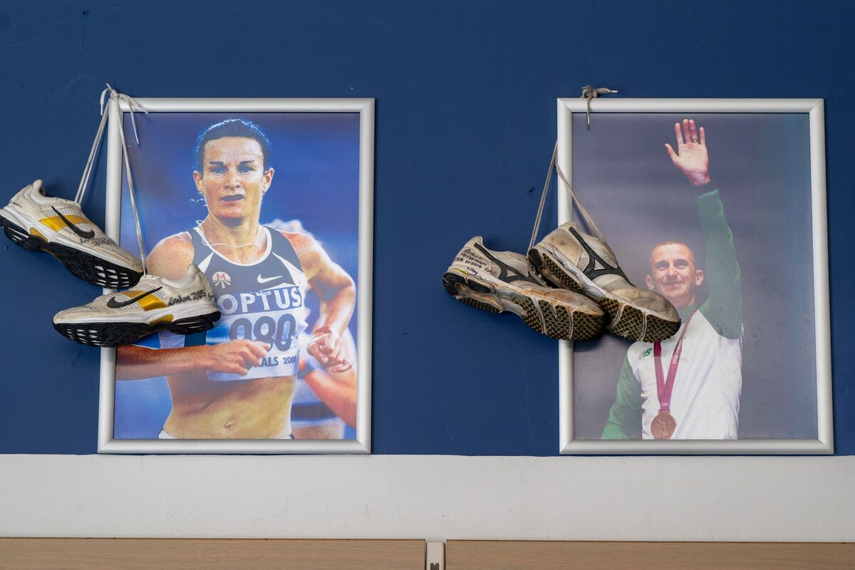 A close-up of the ‘Running Wall’ inside John Buckley Sports, Cork City, showcasing signed shoes donated by legendary Irish athletes. Picture: Chani Anderson A close-up of the ‘Running Wall’ inside John Buckley Sports, Cork City, showcasing signed shoes donated by legendary Irish athletes. Picture: Chani Anderson