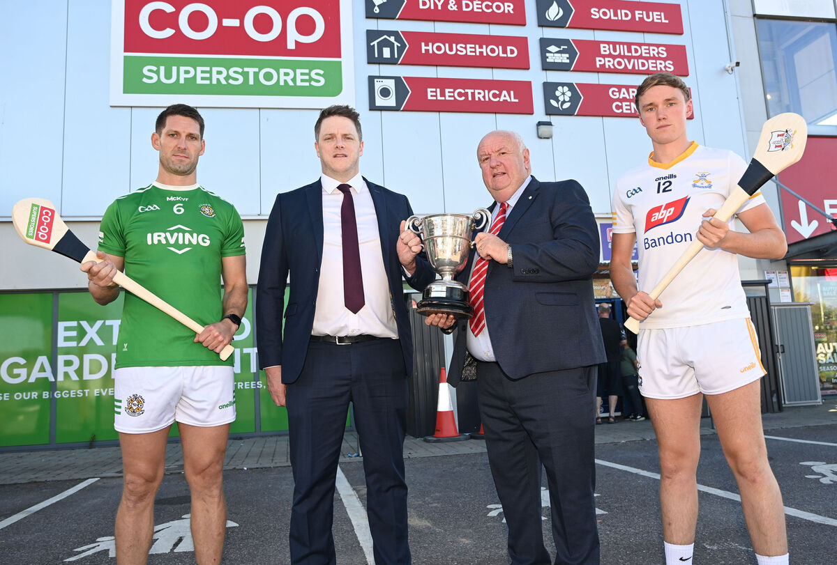 Michael Russell of Aghada with Bandon's Eolann McSweeney as well as Jerry Riordan, operations manager Co-op SuperStores, and Noel O'Callaghan, vice-chairperson of Cork County Board. Picture: Eddie O'Hare Michael Russell of Aghada with Bandon's Eolann McSweeney as well as Jerry Riordan, operations manager Co-op SuperStores, and Noel O'Callaghan, vice-chairperson of Cork County Board. Picture: Eddie O'Hare