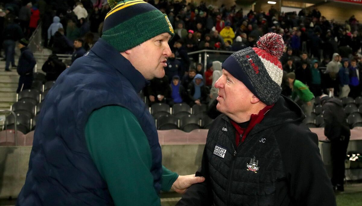 Meath manager Robbie Brennan shakes hands with Cork manager John Cleary. Picture: Michael P Ryan/Sportsfile