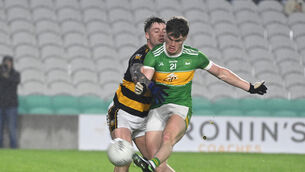 <p>Kilmurry's Liam Wall scorer of the opening goal shoots from Buttevant's Kyle Bowles. Picture: Eddie O'Hare</p>