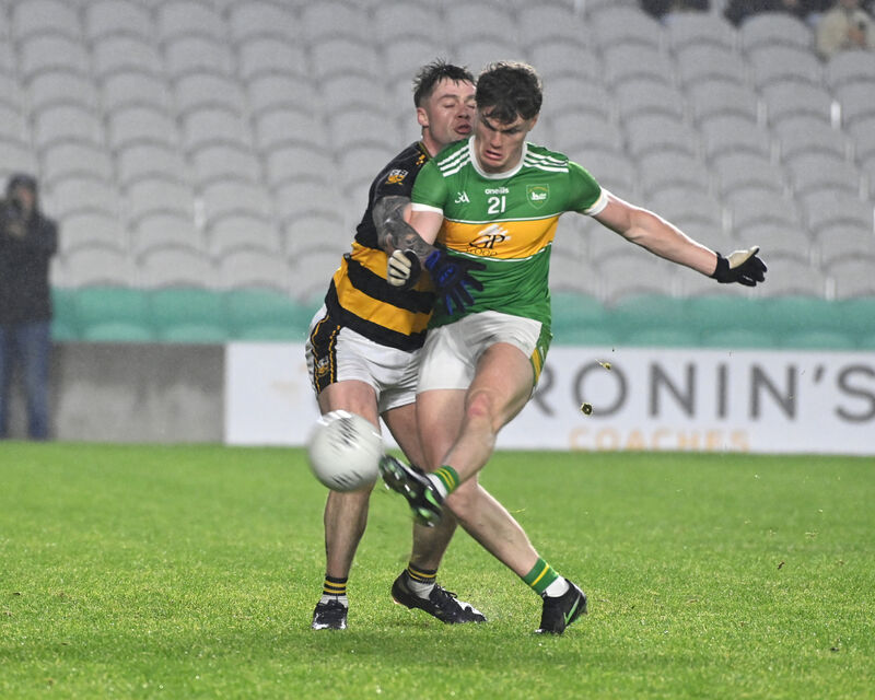 Kilmurry's Liam Wall, scorer of the opening goal, shoots from Buttevant's Kyle Bowles. Picture: Eddie O'Hare