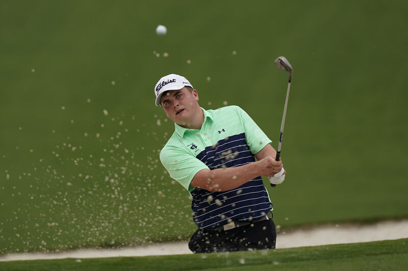Mallow's James Sugrue hits out of a bunker to the second green during a practice round for the Masters in Augusta, Ga. Picture: AP Photo/David J. Phillip Mallow's James Sugrue hits out of a bunker to the second green during a practice round for the Masters in Augusta, Ga. Picture: AP Photo/David J. Phillip