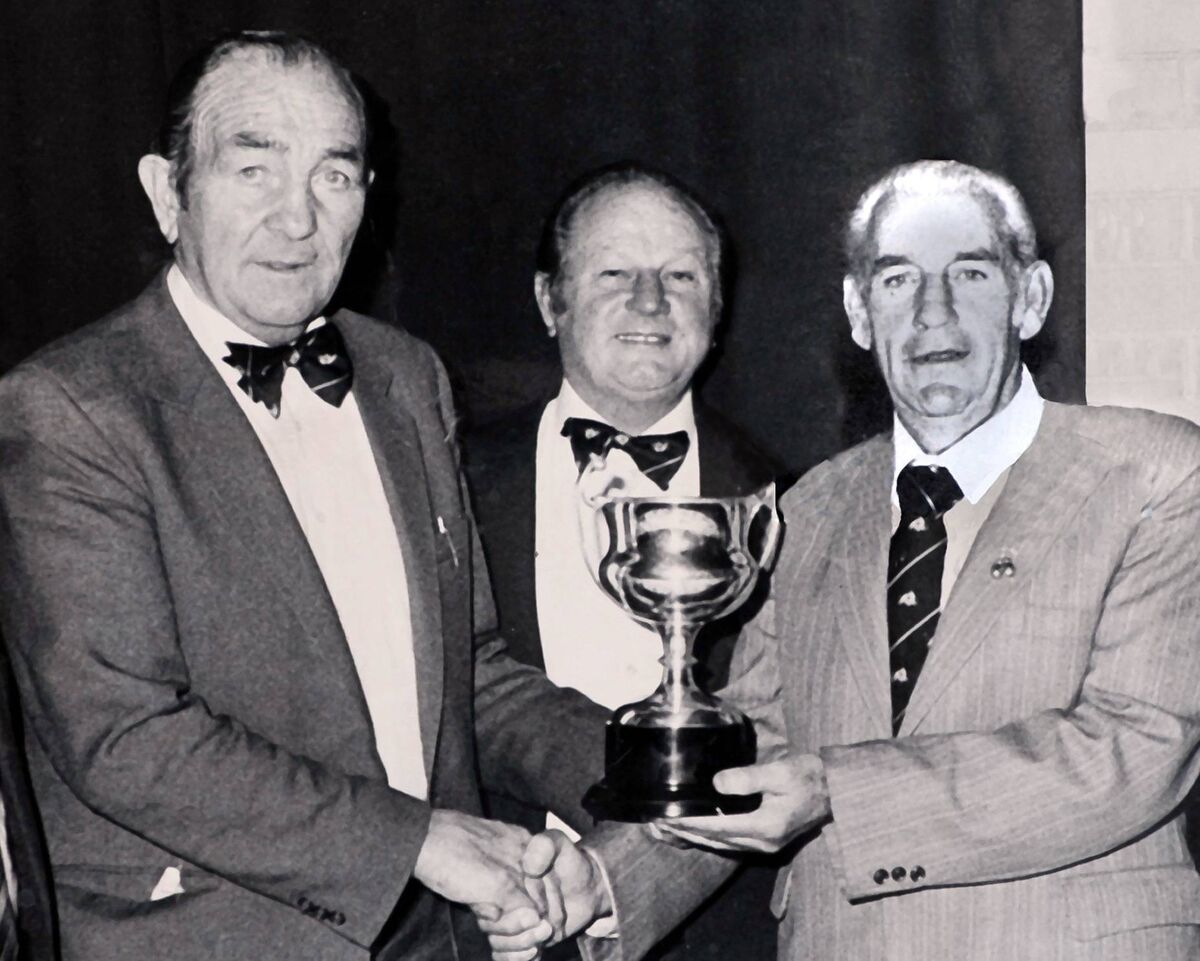 Paddy Martin (left) and Jiimmy Fitzgerald presenting the 1984 Cork Ex-Boxers Hall Of Fame award to the legendary Tommy Hyde.