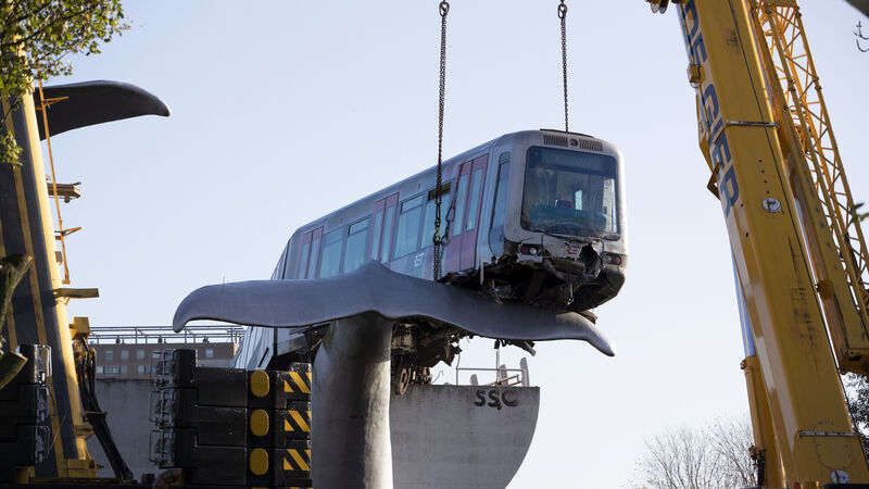 Salvage operation under way to rescue train caught by whale sculpture