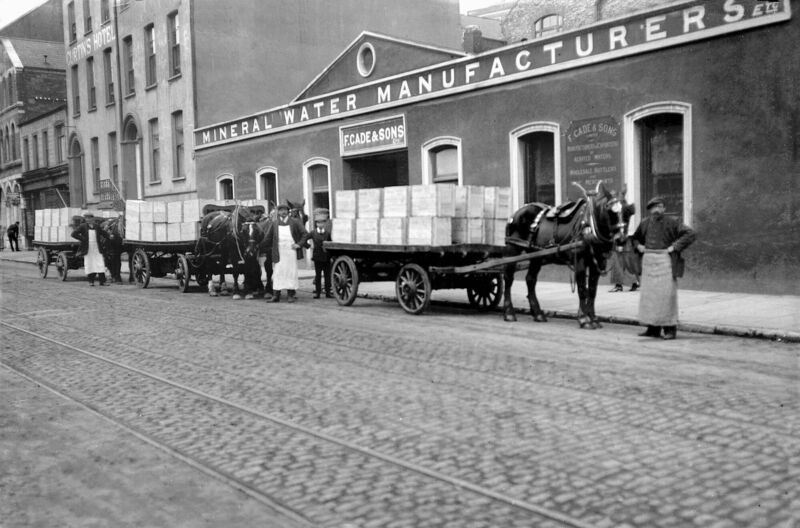 Cades mineral water manufacturers at MacCurtain Street, Cork circa 1910 (later location of Thompson's Bakery)