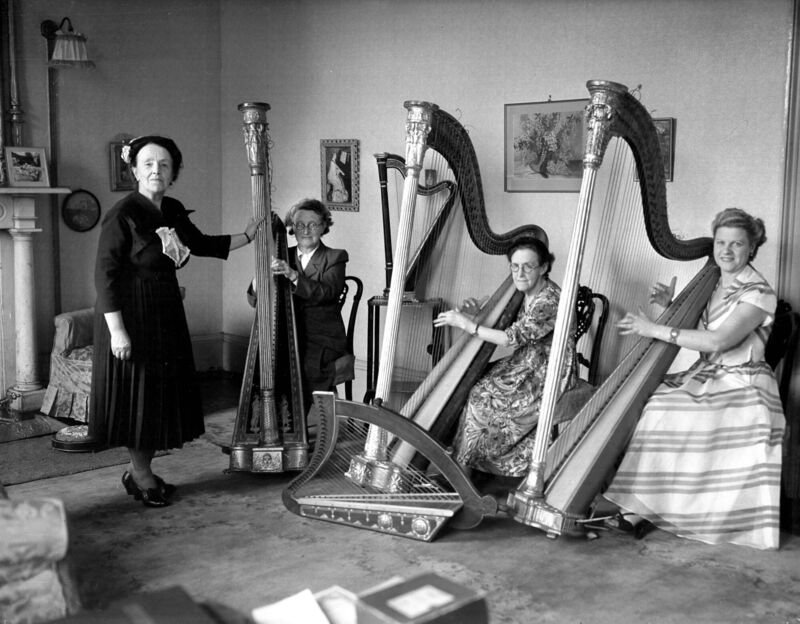 Harp school at MacCurtain Street. On the right is Shiela MacCurtain, daughter of Tomás MacCurtain, 1953.