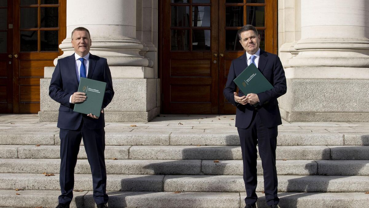 The Minister for Public Expenditure and Reform, Michael McGrath and Minister for Finance Paschal Donohoe pictured at Government Buildings,Dublin for Budget 2021. 