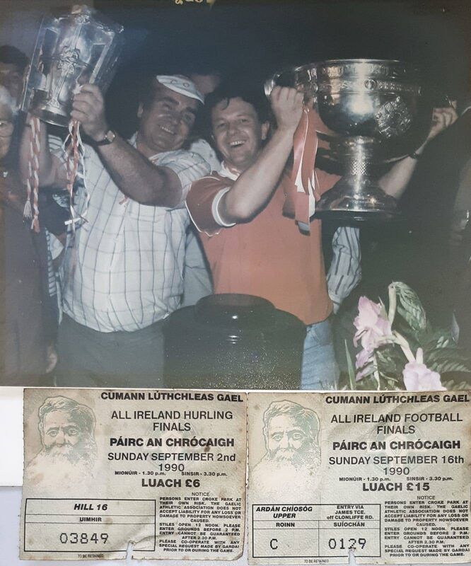 Andy O'Keeffe and Liam O'Connell from Ballyphehane pictured at the Burlington Hotel on September 16th 1990 celebrating Cork's hurling and football All-Ireland winning double success. ﻿
