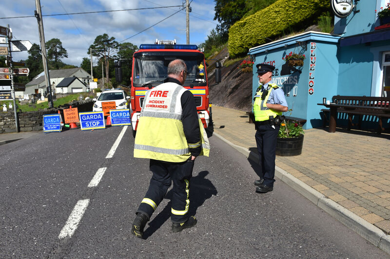 Members of the Bantry Fire Brigade and local Gardaí on duty at Glengarriff. Picture Dan Linehan