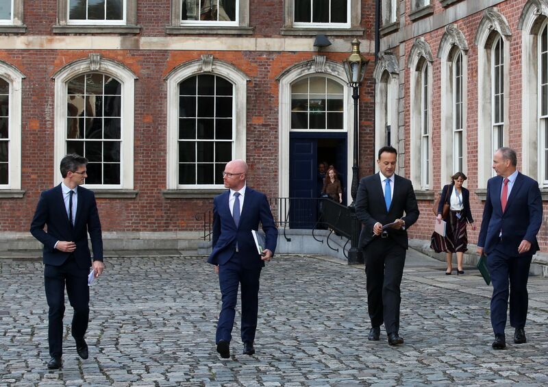 Pictured Acting Chief Medical Officer Dept of Health Dr Ronan Glynn, Minister for Health Stephen Donnelly TD, Taniaste and Minister for Enterprise, Trade and Employment Leo Varadkar TD and An Taoiseach Micheal Martin TD leaving Cabinet at Dublin Castle this evening. Photo: Sam Boal/Rollingnews.ie