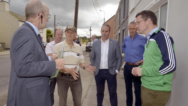 Pictured at Dunmanway Co Cork was Ezra McManamon of the OPW, Michael Collins TD, Declan Hurley MCC and Paul Hayes MCC with Chapel street resident Con O'Leary discussing the flooding issue with Patrick ODonovan T.D., Minister of State. Picture Denis Boyle