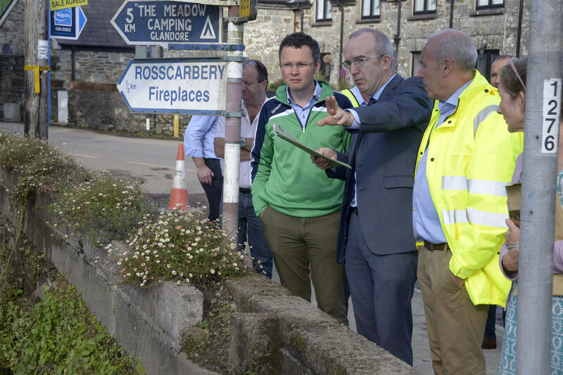 Pictured at Rosscarbery Co Cork was Patrick ODonovan T.D., Minister of State with responsibility for the Office of Public getting a tour of the flooded communities by Ezra McManamon of the OPW and Tim Lucey CEO Cork County Council. Picture Denis Boyle