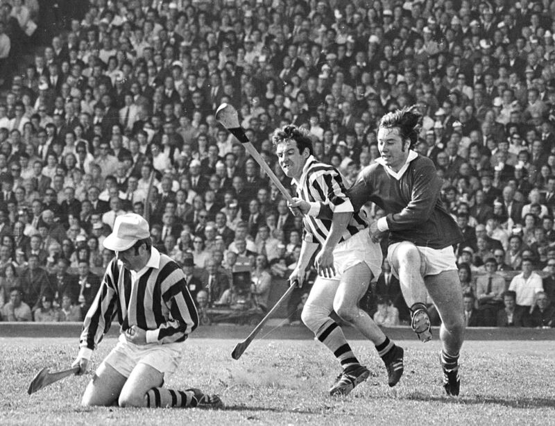 Noel Skehan Kilkenny (left) making one of his many brilliant saves as team-mate Pat Larkin holds off Cork's Seanie O'Leary.