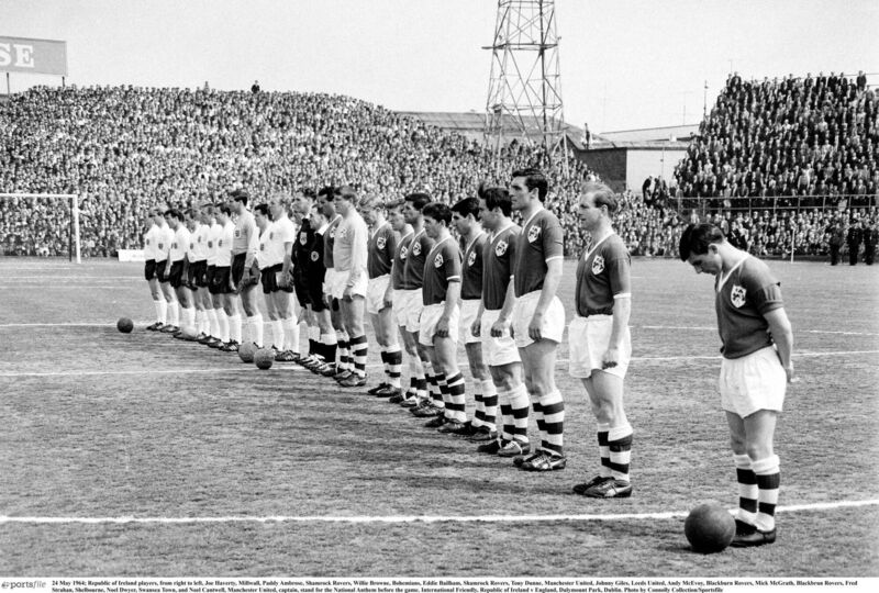 Ireland players: Joe Haverty, Millwall, Paddy Ambrose, Shamrock Rovers, Willie Browne, Bohemians, Eddie Bailham, Shamrock Rovers, Tony Dunne, Manchester United, Johnny Giles, Leeds United, Andy McEvoy, Blackburn Rovers, Mick McGrath, Blackburn Rovers, Fred Strahan, Shelbourne, Noel Dwyer, Swansea Town, and Noel Cantwell, Manchester United, before playing England in 1964. Picture: Sportsfile Ireland players: Joe Haverty, Millwall, Paddy Ambrose, Shamrock Rovers, Willie Browne, Bohemians, Eddie Bailham, Shamrock Rovers, Tony Dunne, Manchester United, Johnny Giles, Leeds United, Andy McEvoy, Blackburn Rovers, Mick McGrath, Blackburn Rovers, Fred Strahan, Shelbourne, Noel Dwyer, Swansea Town, and Noel Cantwell, Manchester United, before playing England in 1964. Picture: Sportsfile