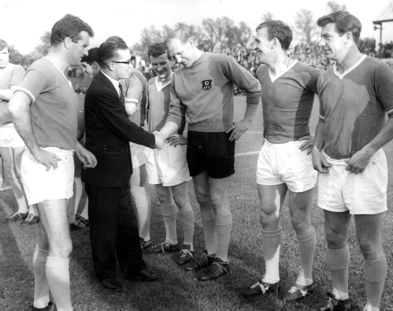 Noel Cantwell introducing Lord Mayor Ald Sean Casey TD to the players prior to Jackie Morley's Testimonial: John Bond, Tony Dunne, Frank McCarthy, Bert Trautman, Pat Crerand and Johnny Haynes. Noel Cantwell introducing Lord Mayor Ald Sean Casey TD to the players prior to Jackie Morley's Testimonial: John Bond, Tony Dunne, Frank McCarthy, Bert Trautman, Pat Crerand and Johnny Haynes.