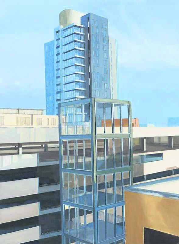 Different Levels, by Garty Kearney, is a view featuring the Elysian Building through the car park.