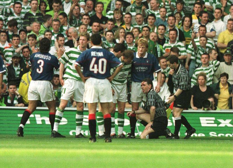 Mayhem in the Old Firm game in May 1999. Picture: Stu Forster/ALLSPORT