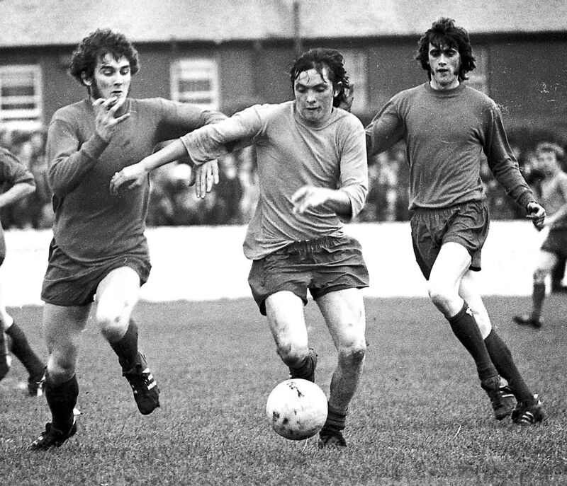 Cork Celtic’s ball artist Carl Humphries jinks his way past Shelbourne defenders Dunning and McDonnell in  1971.