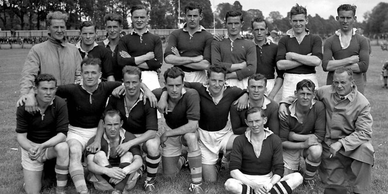 Eamonn Young, third from left, with the Cork team that played Carlow in a challenge football match at the Cork Athletic Grounds in 1945. Eamonn Young, third from left, with the Cork team that played Carlow in a challenge football match at the Cork Athletic Grounds in 1945.