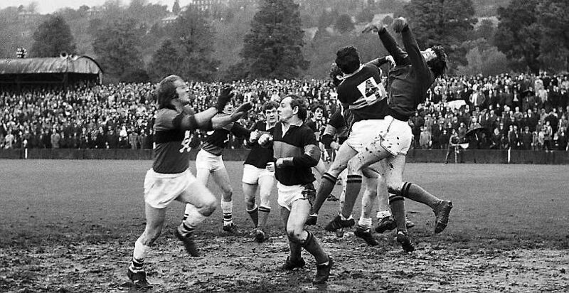 Nemo’s Billy Morgan and Brian Murphy clear the ball against UCC at the Athletic Grounds in November 1972. Nemo’s Billy Morgan and Brian Murphy clear the ball against UCC at the Athletic Grounds in November 1972.