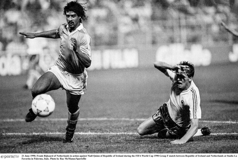 Frank Rijkaard of Netherlands in action against Niall Quinn. Picture: Ray McManus/Sportsfile Frank Rijkaard of Netherlands in action against Niall Quinn. Picture: Ray McManus/Sportsfile