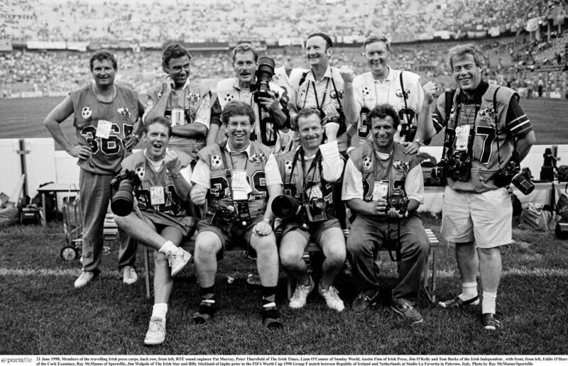 The Irish press corps, back row, RTÉ sound engineer Pat Murray, Peter Thursfield of The Irish Times, Liam O'Connor of Sunday World, Austin Finn of Irish Press, Jim O'Kelly and Tom Burke of the Irish Independent, with front, from left, Eddie O'Hare of the Cork Examiner and Evening Echo, Ray McManus of Sportsfile, Jim Walpole of The Irish Star and Billy Stickland of Inpho. The Irish press corps, back row, RTÉ sound engineer Pat Murray, Peter Thursfield of The Irish Times, Liam O'Connor of Sunday World, Austin Finn of Irish Press, Jim O'Kelly and Tom Burke of the Irish Independent, with front, from left, Eddie O'Hare of the Cork Examiner and Evening Echo, Ray McManus of Sportsfile, Jim Walpole of The Irish Star and Billy Stickland of Inpho.