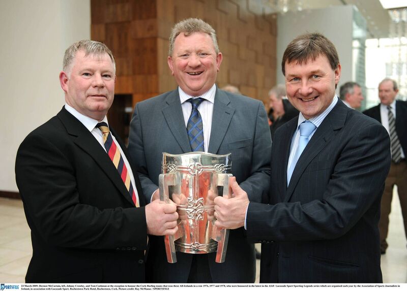 Brilliant former Cork hurling half-backs Dermot McCurtain, Johnny Crowley, and Tom Cashman with the Liam McCarthy Cup. Picture: Ray McManus/SPORTSFILE