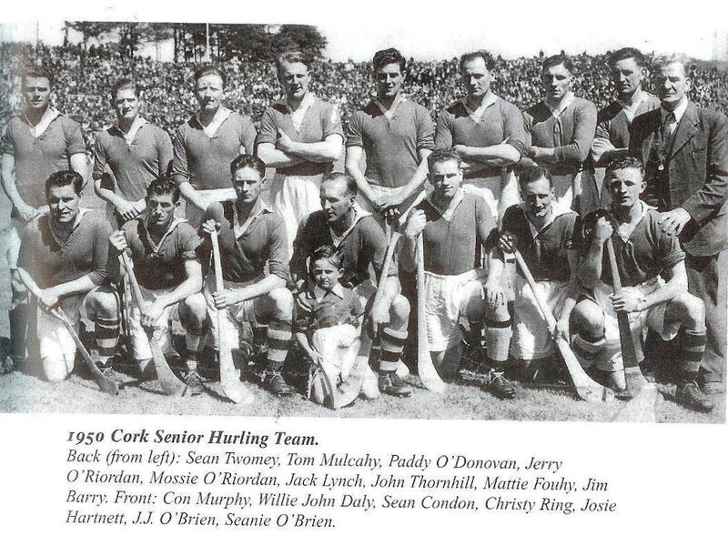 The Cork team defeated by Tipperary in 1950. Back: Sean Twomey, Tom Mulcahy, Paddy O’Donovan, Jerry O’Riordan, Mossie O’Riordan, Jack Lynch, John Thornhill, Mattie Fouhy, Jim Barry. Front: Con Murphy, Willie John Daly, Seán Condon, Christy Ring, Josie Hartnett, J J O’Brien, Seanie O’Brien. The Cork team defeated by Tipperary in 1950. Back: Sean Twomey, Tom Mulcahy, Paddy O’Donovan, Jerry O’Riordan, Mossie O’Riordan, Jack Lynch, John Thornhill, Mattie Fouhy, Jim Barry. Front: Con Murphy, Willie John Daly, Seán Condon, Christy Ring, Josie Hartnett, J J O’Brien, Seanie O’Brien.
