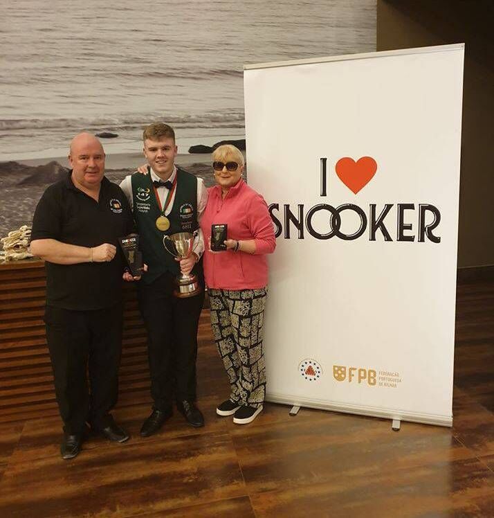 President of RIBSA Jim Lacey with three-time European Snooker champions Aaron Hill and Liz Fitzgerald in Albufeira Portugal in February.