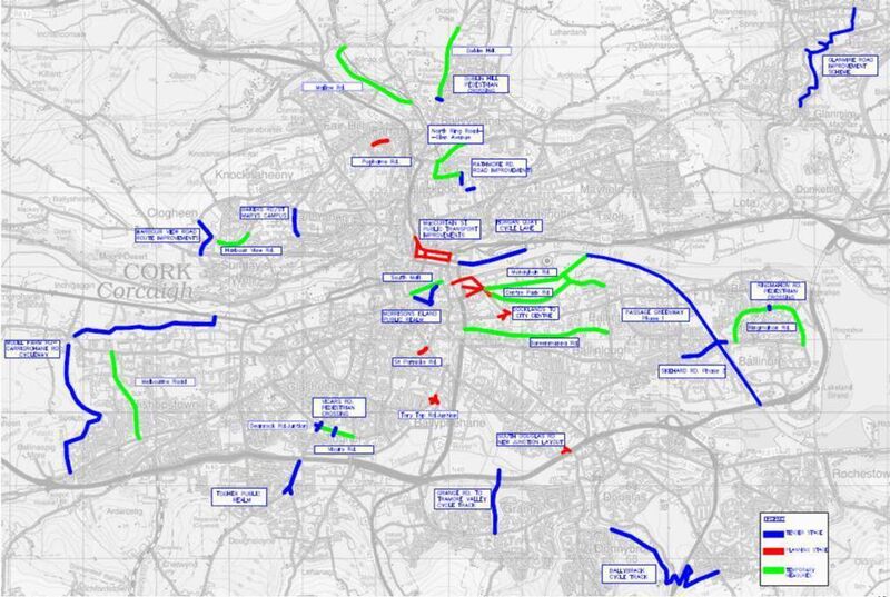 Cycleway plans for Cork city: Blue are tender stage, green are temporary measures and red are planning stage