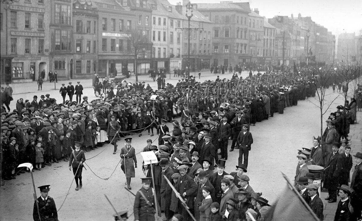 The St Patrick's Day Parade, Cork, March 17, 1916 makes its way along Grand Parade and onto South Mall.