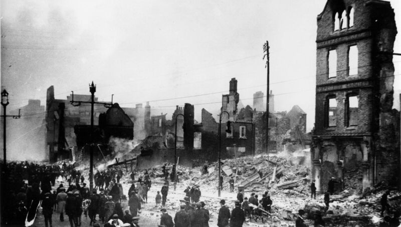 One of the few building facades still standing on Patrick's Street following the burning of Cork in December 1920.