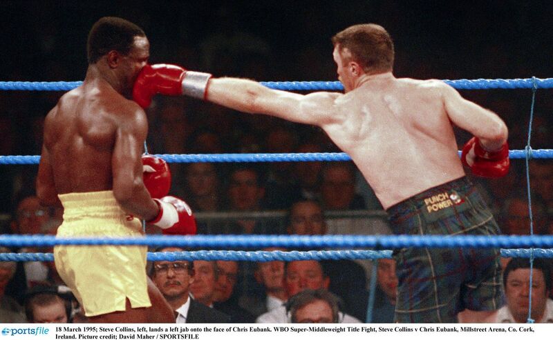 Steve Collins, left, lands a left jab onto the face of Chris Eubank in the WBO Super-Middleweight Title fight at Millstreet Arena, on March 18, 1995. Picture: David Maher/SPORTSFILE