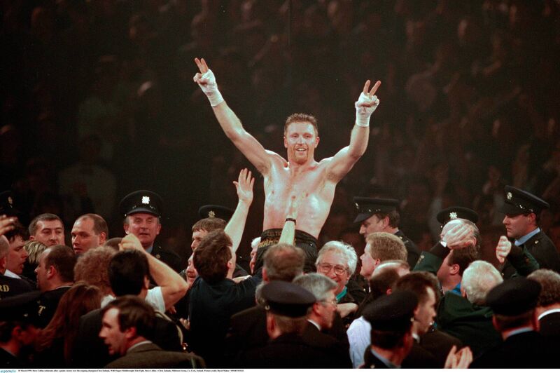 Steve Collins celebrates after a points victory over the reigning champion Chris Eubank. Picture: David Maher/SPORTSFILE