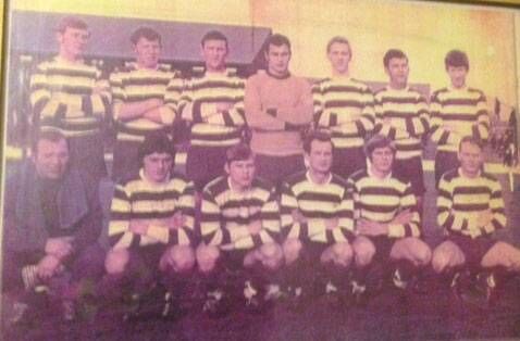 The Cork Celtic team of 1969/70. Back: John 'Blondie' Carroll, John McCarthy, Pat O'Mahony, Alec Ludzic, Barry Notley, Tony 'Tucker' Allen (captain), Barry McGovern. Front: Paul 'Golden Boy' O'Donovan (trainer), Carl Humphries, Richard 'Chopper' Brooks, Frank McCarthy, Tommy Kane, Amby Fogarty (player/manager).