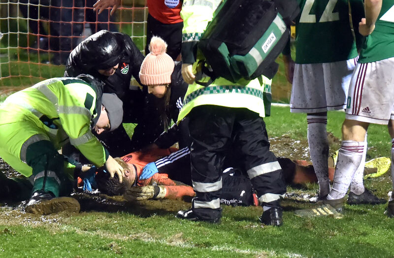 Cork City goalkeeper Liam Bossin is tended to by medical staff on Friday night. Picture: Eddie O'Hare Cork City goalkeeper Liam Bossin is tended to by medical staff on Friday night. Picture: Eddie O'Hare