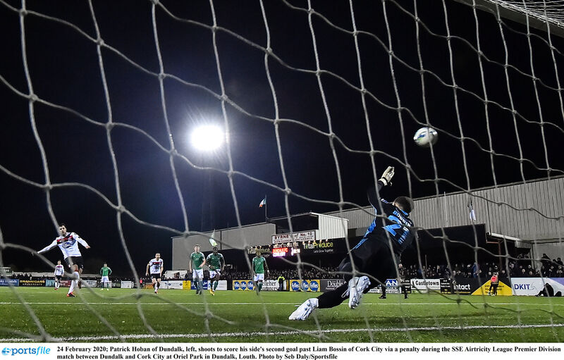 Patrick Hoban of Dundalk, left, shoots to score his side's second goal past Liam Bossin last week. Picture: Seb Daly/Sportsfile Patrick Hoban of Dundalk, left, shoots to score his side's second goal past Liam Bossin last week. Picture: Seb Daly/Sportsfile