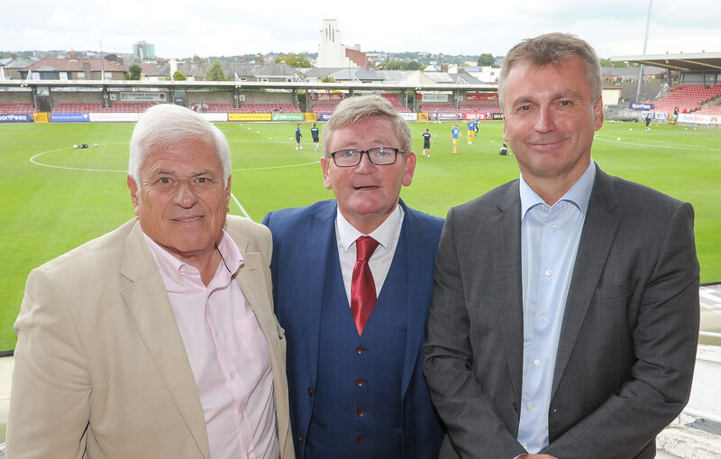 Bob Donovan, centre, Cobh Ramblers and Peter Ridsdale and Craig Hemmings, both Preston NE, attending the Cobh Ramblers v Preston North End friendly, at Turner's Cross.Picture: David Keane.