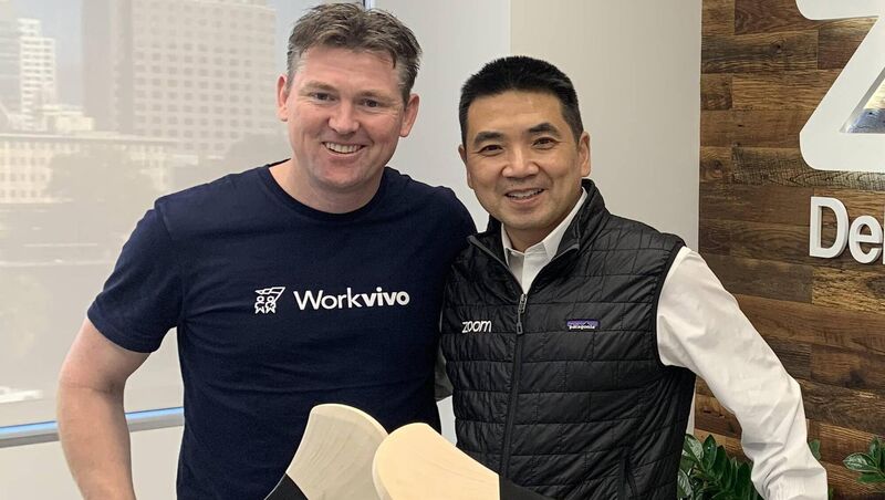 John Goulding, co-founder of Workvivo, with Eric Yuan, founder and CEO of Zoom, who has invested in the Cork company. John Goulding, co-founder of Workvivo, with Eric Yuan, founder and CEO of Zoom, who has invested in the Cork company.
