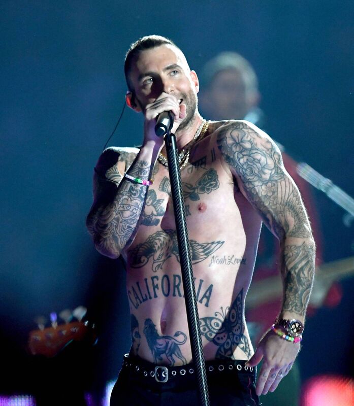 Adam Levine of Maroon 5 performing during the Pepsi Super Bowl LIII Halftime Show at Mercedes-Benz Stadium Atlanta, Georgia. (Photo by Kevin Winter/Getty Images)