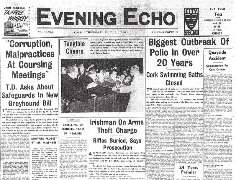The front page of the Evening Echo on July 5, 1956 reporting on the polio outbreak in the city.