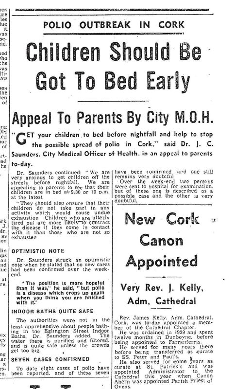 The front page of the Evening Echo on 9 July, 1956. Cork parents were urged to have their children in bed by 10pm at the latest to prevent the spread of polio.