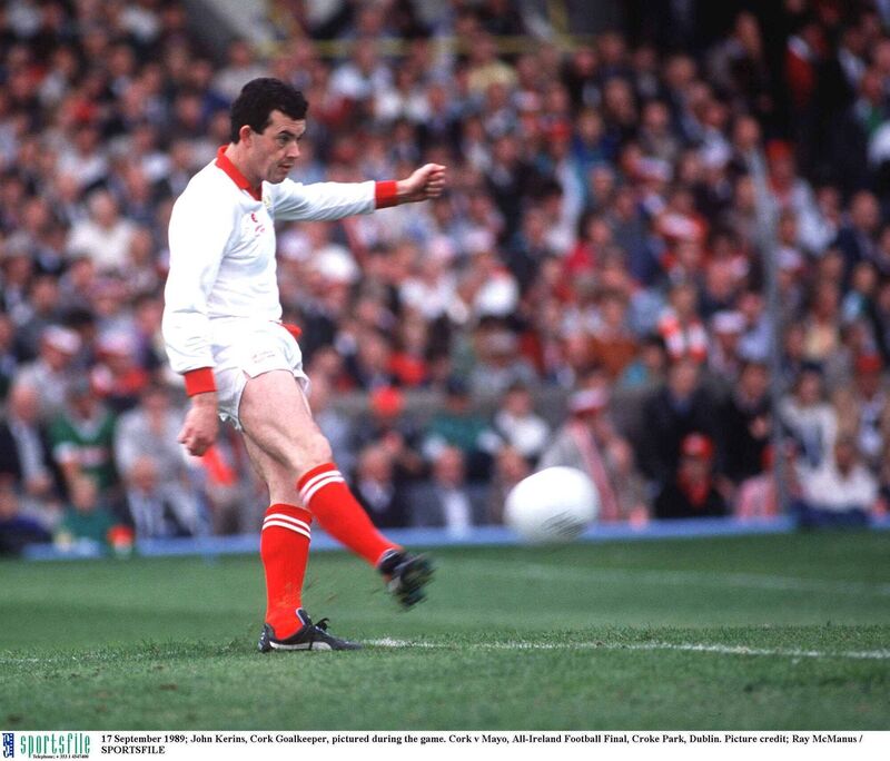 Former Cork goalkeeper John Kerins takes a kick-out against Mayo at Croke Park in 1989. Picture: Ray McManus/SPORTSFILE Former Cork goalkeeper John Kerins takes a kick-out against Mayo at Croke Park in 1989. Picture: Ray McManus/SPORTSFILE