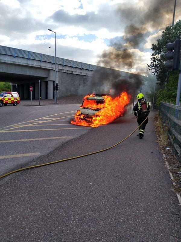 Cork City Fire Brigade putting out a car fire at Sarsfield Road Roundabout on Monday May 11.