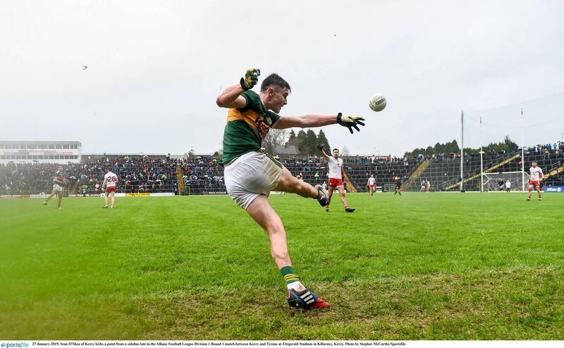 Seán O'Shea of Kerry kicks a point from a sideline. Picture: Stephen McCarthy/Sportsfile