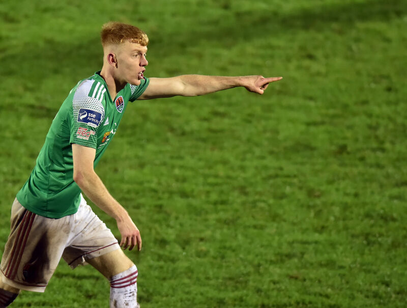 Cork City's Alex Byrne, the goal scorer, pointing the way against Finn Harps. Picture: Eddie O'Hare