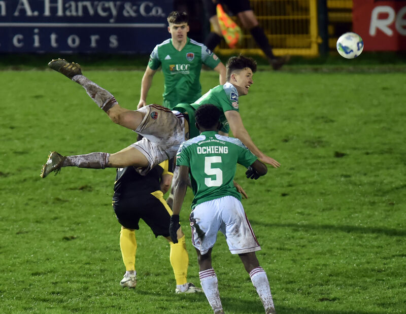 Cork City's Joe Redmond heads clear from Finn Harps' Raffaelo Cretaro. Picture: Eddie O'Hare